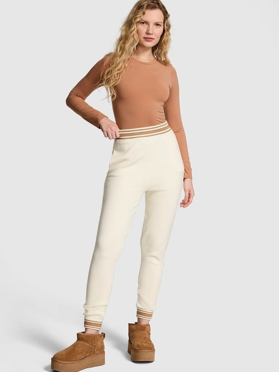 PINK Victoria's Secret Pants - PINK Victoria's Secret Cream High-Waist Joggers with Tan Stripe Waistband